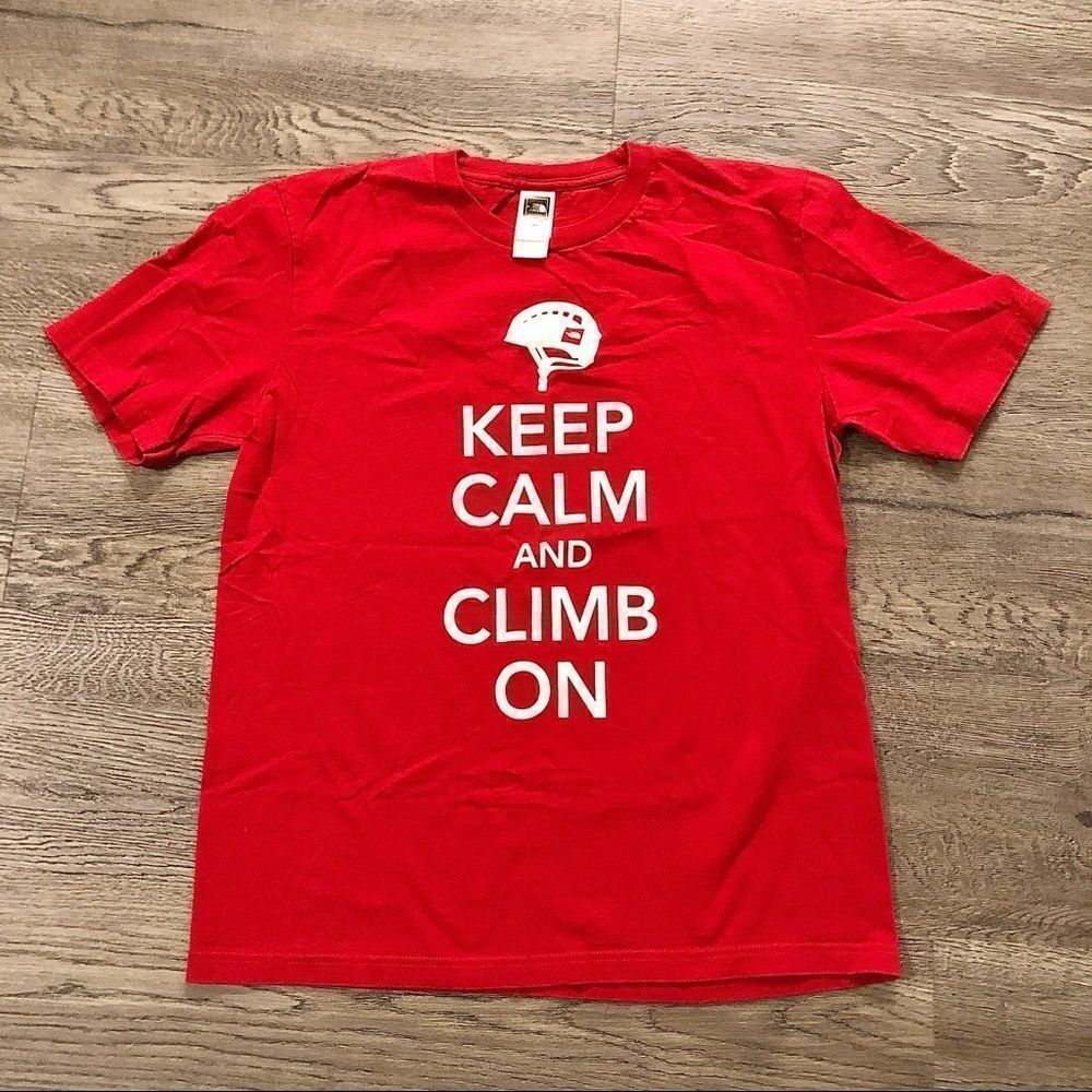 The North Face T-shirt Mens M Red Logo Hiking Climbing Outdoors Keep Calm Climb.